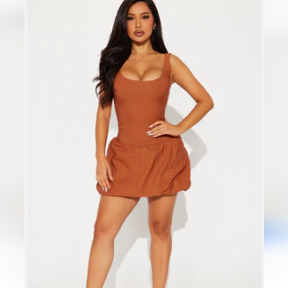 Carmel Brown Bubble Bottom Mini Dress